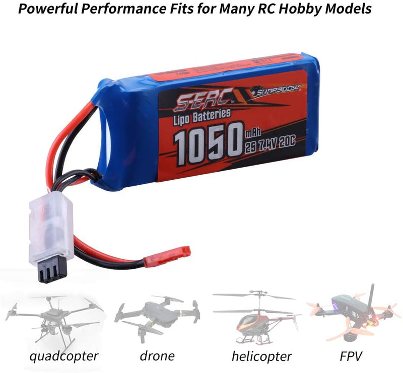 【Sunpadow】2pcs 2S Lipo Battery 7.4V 20C 1050mAh with JST Plug for RC Airplane Hobby