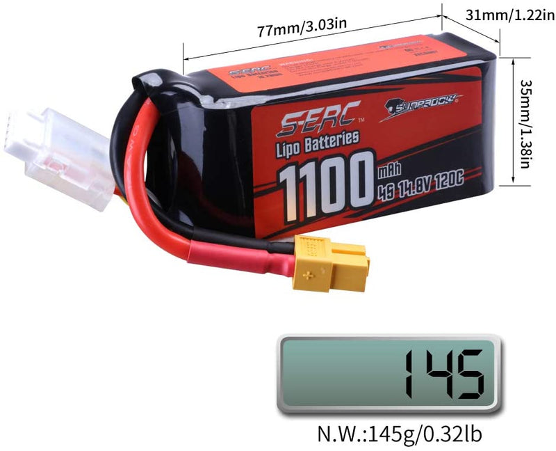 Sunpadow】 4S Lipo Battery 14.8V 1100mAh 120C Soft Pack with XT60 Plug