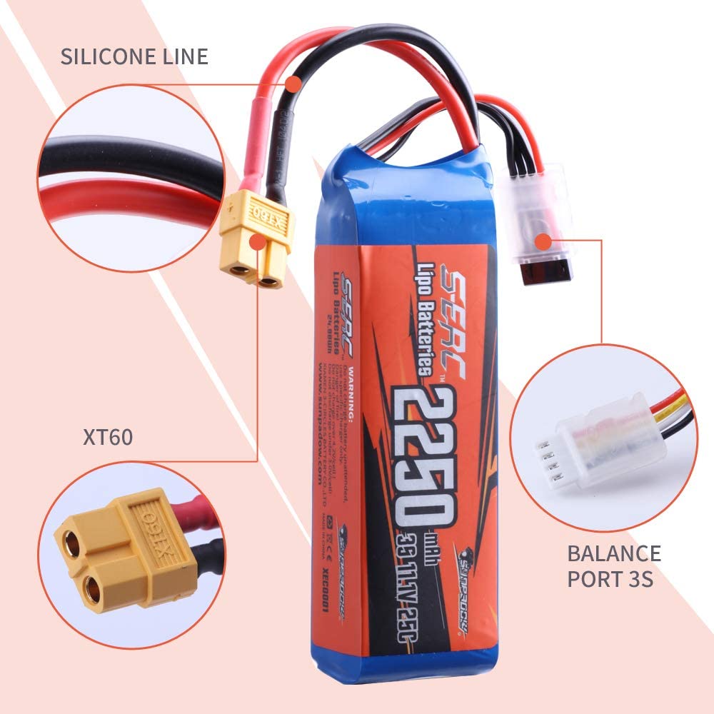 Batteries Lipo 3S 11,1V 2250mAh 60C – Lot De 2 Avec Connecteur XT60 – Pour Drone FPV, Avion RC, Quadricoptère