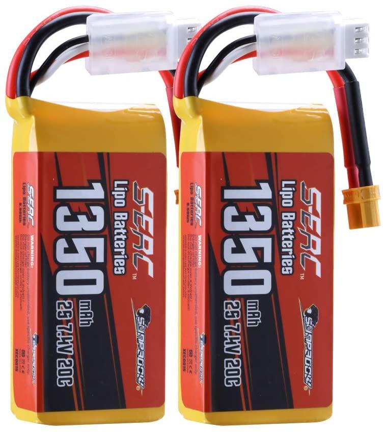 【Sunpadow】 7.4V 2S RC Lipo Battery 20C 1350mAh with XT30 Plug for RC Airplane Racing 2 Packs (Buy One Get Two)