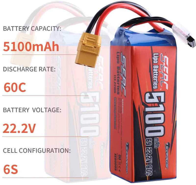 【Sunpadow】6S RC Lipo Battery 22.2V 60C 5100mAh with XT90 Plug for RC Drone Racing