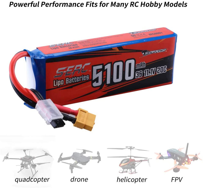 【Sunpadow】3S 11.1V RC Lipo Battery 20C 5100mAh with XT60 Plug for RC Drone Hobby