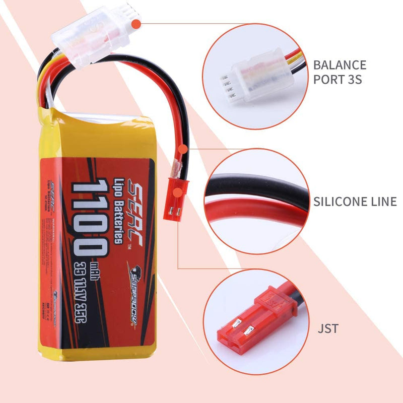 【Sunpadow】11.1V 3S RC Lipo Battery 35C 1100mAh with JST Plug for RC Drone Racing (2 Units/Pack)