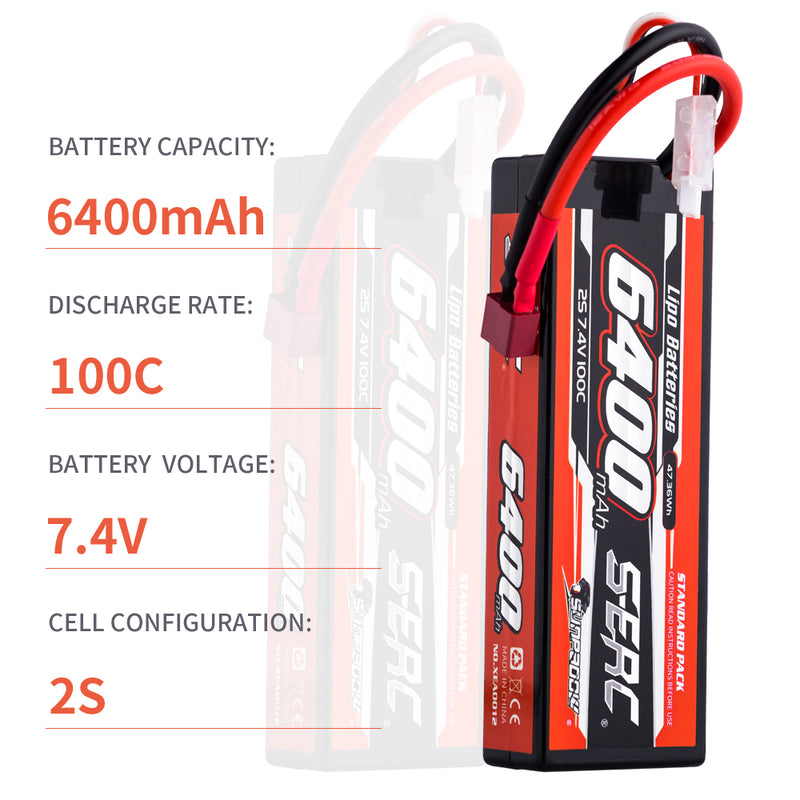 【Sunpadow】 2pcs  2S 7.4V 6400mAh 100C Lipo Battery T Plug for RC Car Plane DJI Truck Tank Buggy Racing Boat Models