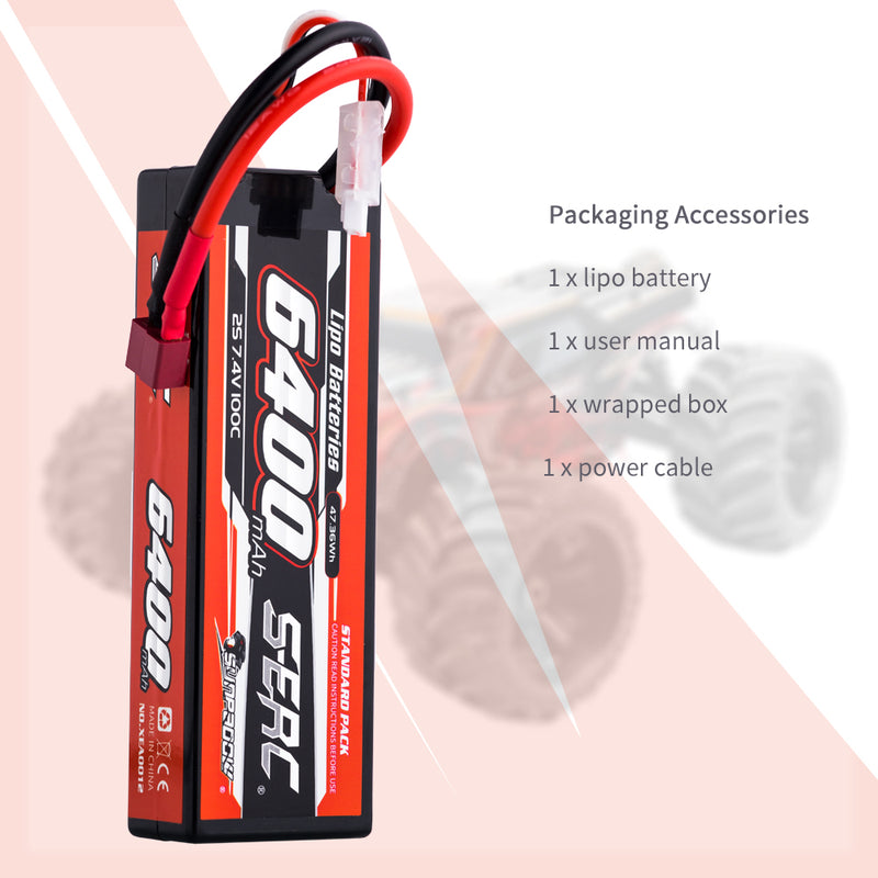 【Sunpadow】 2pcs  2S 7.4V 6400mAh 100C Lipo Battery T Plug for RC Car Plane DJI Truck Tank Buggy Racing Boat Models