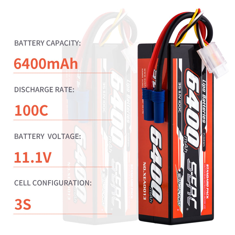 【Sunpadow】 2pcs  3S 11.1V 6400mAh 100C Lipo Battery EC5 Plug for RC Car Plane DJI Truck Tank Buggy Racing Boat Models