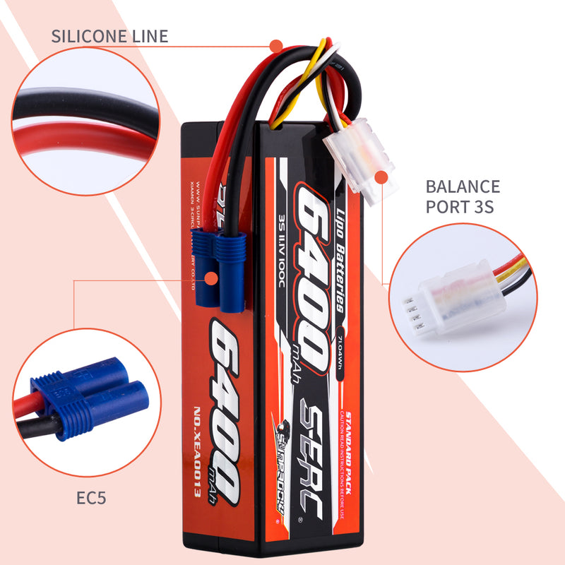 【Sunpadow】 2pcs  3S 11.1V 6400mAh 100C Lipo Battery EC5 Plug for RC Car Plane DJI Truck Tank Buggy Racing Boat Models