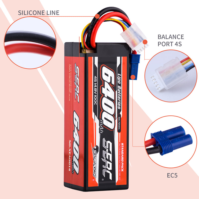 【Sunpadow】 2pcs  4S 14.8V 6400mAh 100C Lipo Battery EC5 Plug for RC Car Plane DJI Truck Tank Buggy Racing Boat Models