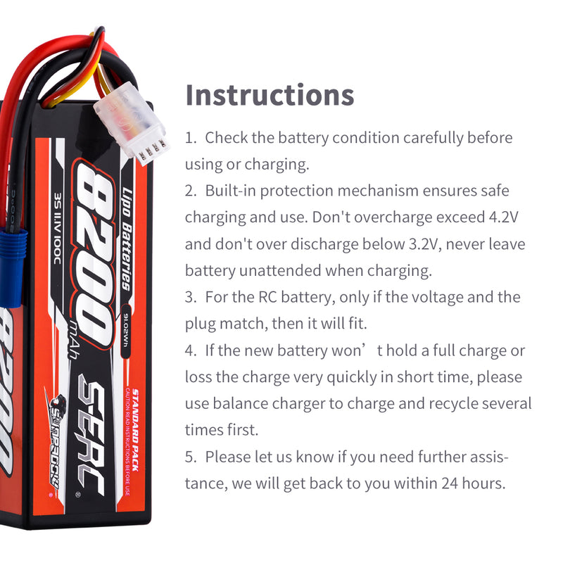 【Sunpadow】 3S 11.1V Lipo Battery 100C 8200mAh EC5 Plug  for RC Car Plane DJI Truck Tank Buggy Racing Boat Models