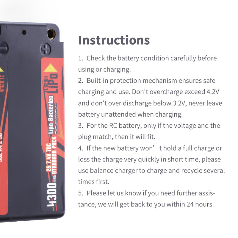 【Sunpadow】7.4V 2S Lipo Battery 4300mAh 70C Hard Case with 4mm Bullet for RC Car Racing