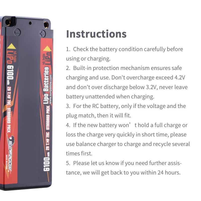 【Sunpadow】7.4V Lipo Battery 2S 6100mAh 70C Hard Case with 4mm Bullet for RC Car Hobby