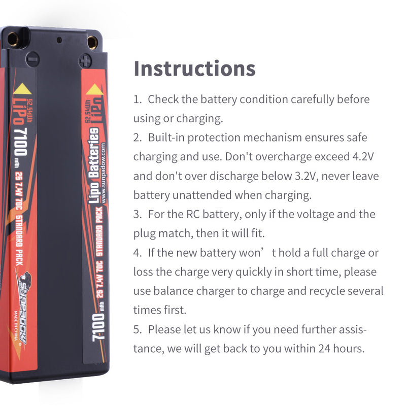 【Sunpadow】 7.4V 2S Lipo Battery 70C 7100mAh Hard Case with 4mm Bullet for RC Buggy Hobby