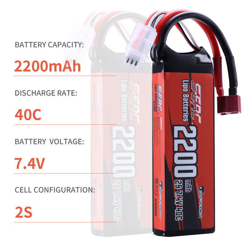 【Sunpadow】2pcs 2S Lipo Battery 7.4V 2200mAh 40C Soft Pack with Deans T Plug for RC Car Hobby