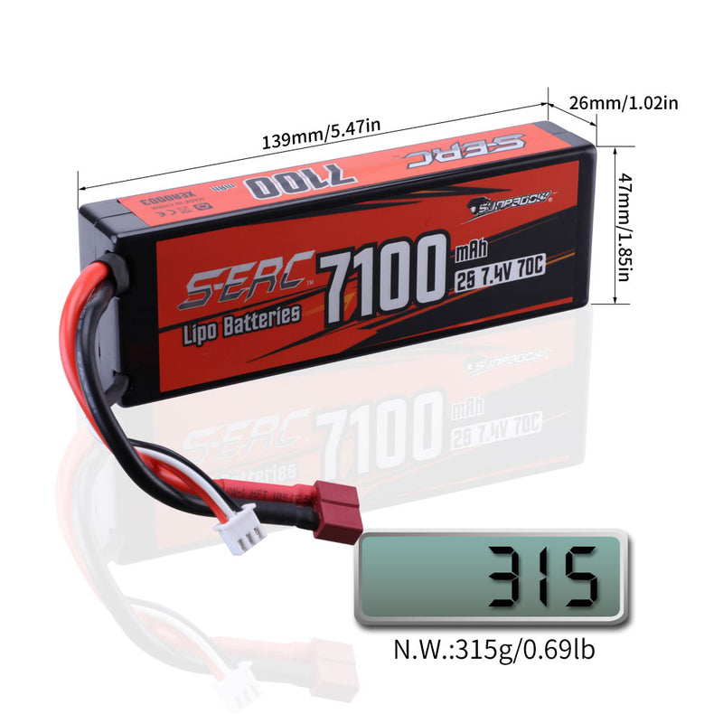 【Sunpadow】2S Lipo Battery 7.4V 7100mAh 70C Hard Case with Deans T Plug for RC Truck Hobby