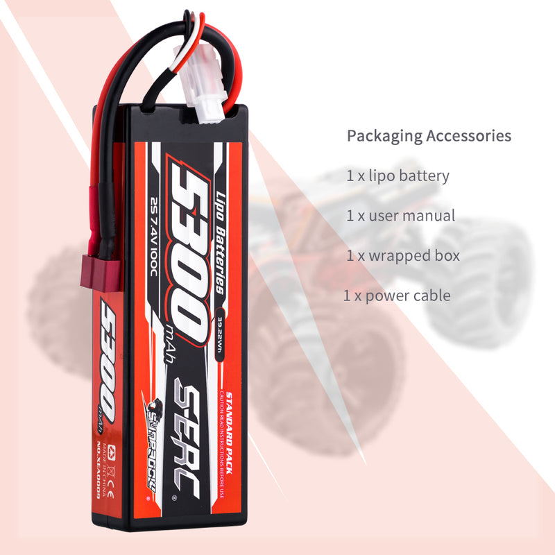 【Sunpadow】 2pcs 2S 7.4V 5300mAh 100C Lipo Battery T Plug for RC Car Plane DJI Truck Tank Buggy Racing Boat Models