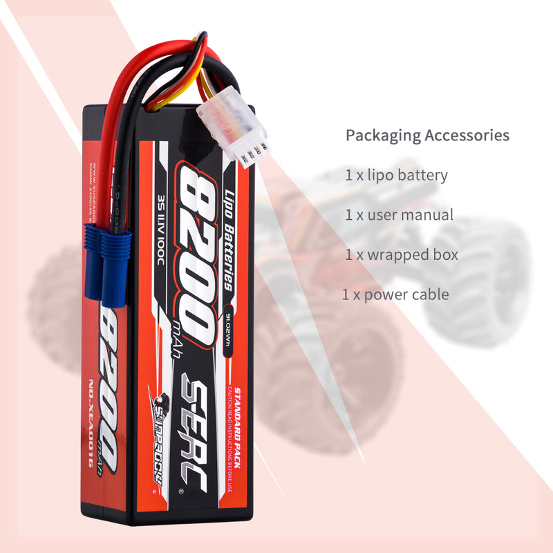 【Sunpadow】 3S 11.1V Lipo Battery 100C 8200mAh EC5 Plug  for RC Car Plane DJI Truck Tank Buggy Racing Boat Models