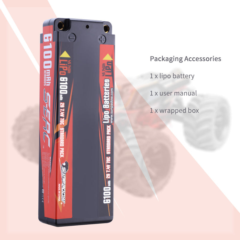 【Sunpadow】7.4V Lipo Battery 2S 6100mAh 70C Hard Case with 4mm Bullet for RC Car Hobby