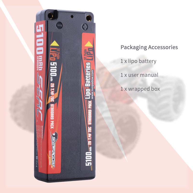 【Sunpadow】 2S Lipo Battery 7.4V 5100mAh 70C Hard Case for RC TruggyTank Racing Hobby