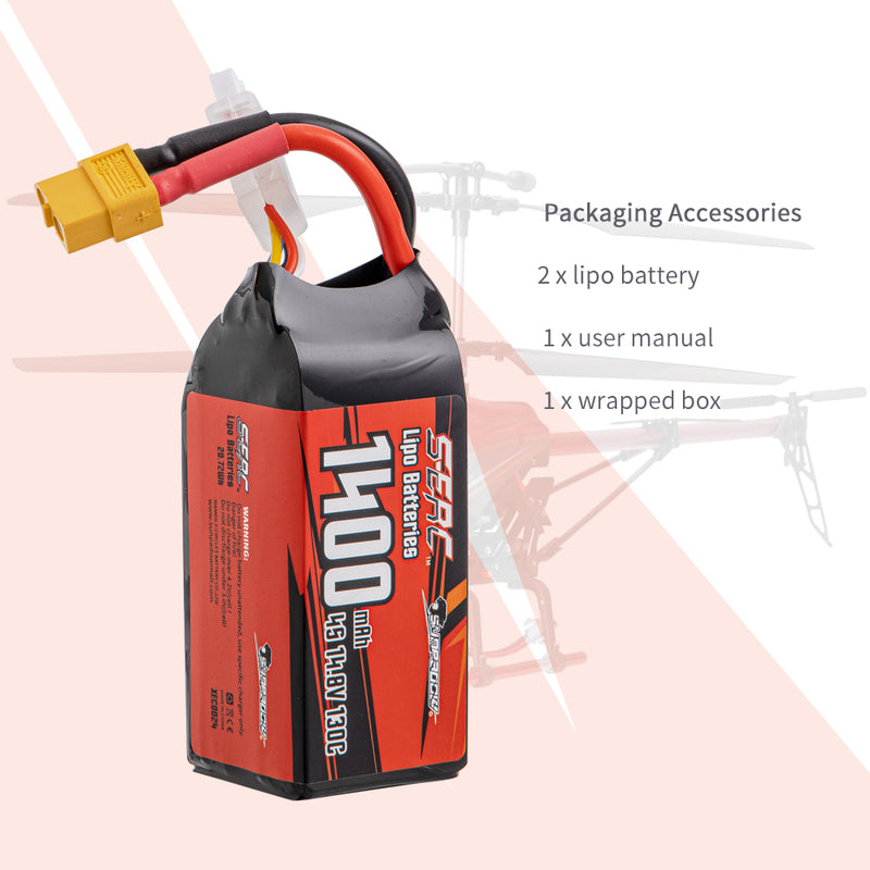 【Sunpadow】 4S 14.8V Lipo Battery 1400mAh 130C Soft Pack with XT60 Plug for RC Helicopter