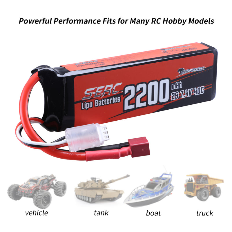 【Sunpadow】2pcs 2S Lipo Battery 7.4V 2200mAh 40C Soft Pack with Deans T Plug for RC Car Hobby