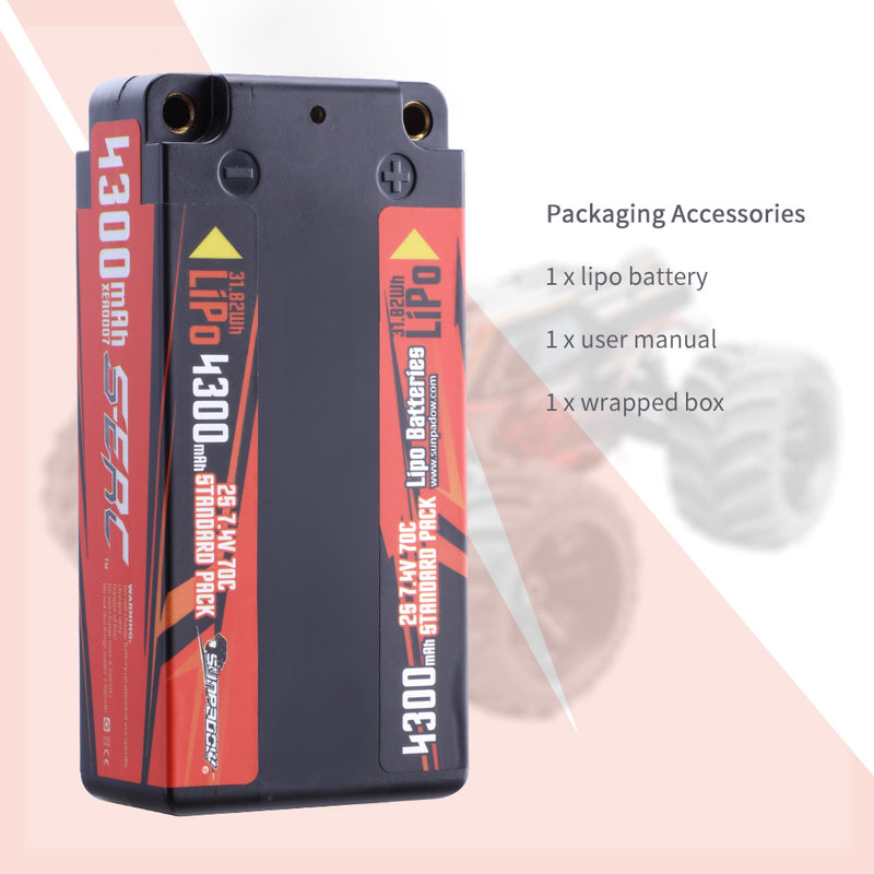 【Sunpadow】7.4V 2S Lipo Battery 4300mAh 70C Hard Case with 4mm Bullet for RC Car Racing