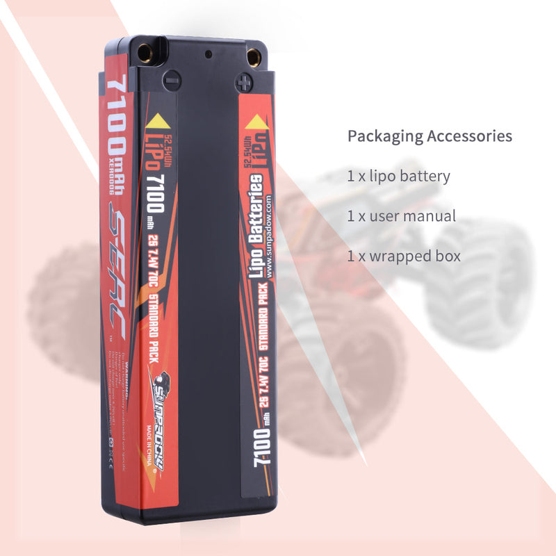 【Sunpadow】 7.4V 2S Lipo Battery 70C 7100mAh Hard Case with 4mm Bullet for RC Buggy Hobby