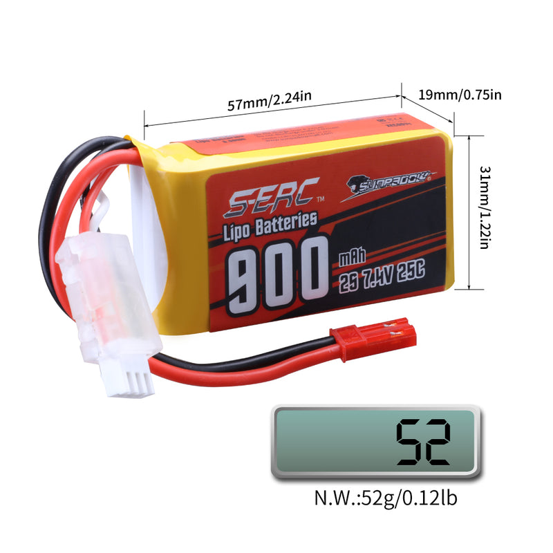 【Sunpadow】7.4V 2S RC Lipo Battery 25C 900mAh with JST Plug for RC Airplane Racing 2 Packs (Buy One Get Two)